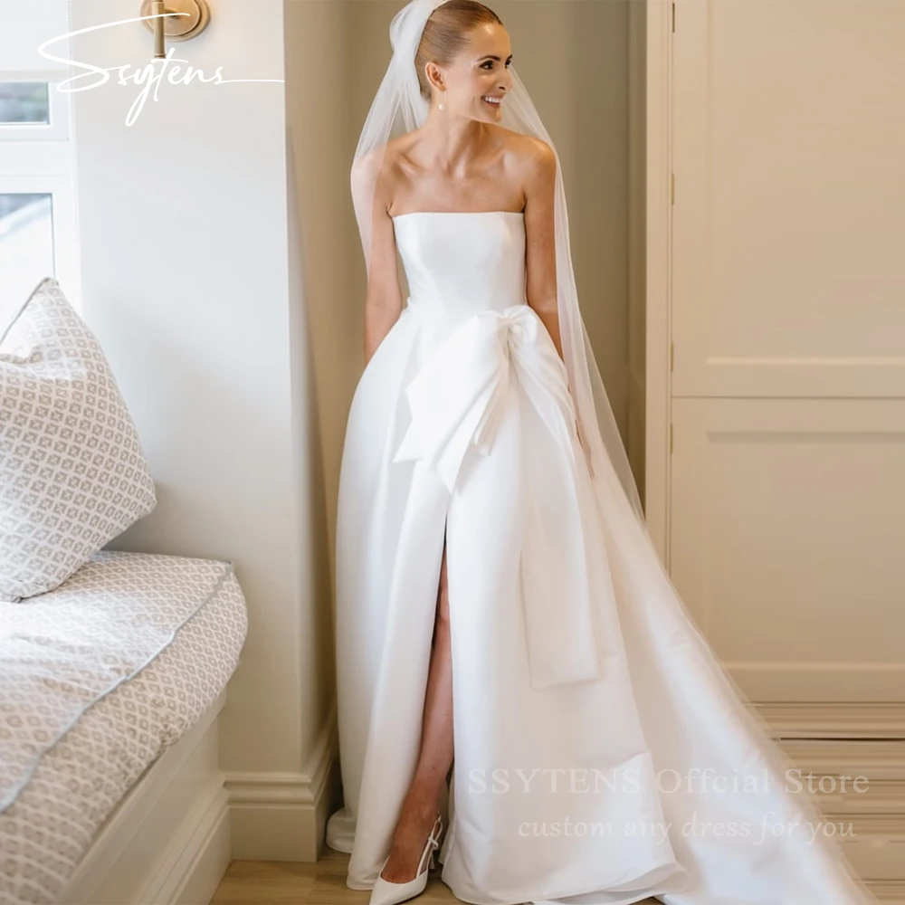 

SSYTENS Graceful Satin Wedding Dresses 2026 Strapless Pleated Civil Bride Gowns Bow Open Back High Slit Bridal Dress Customized