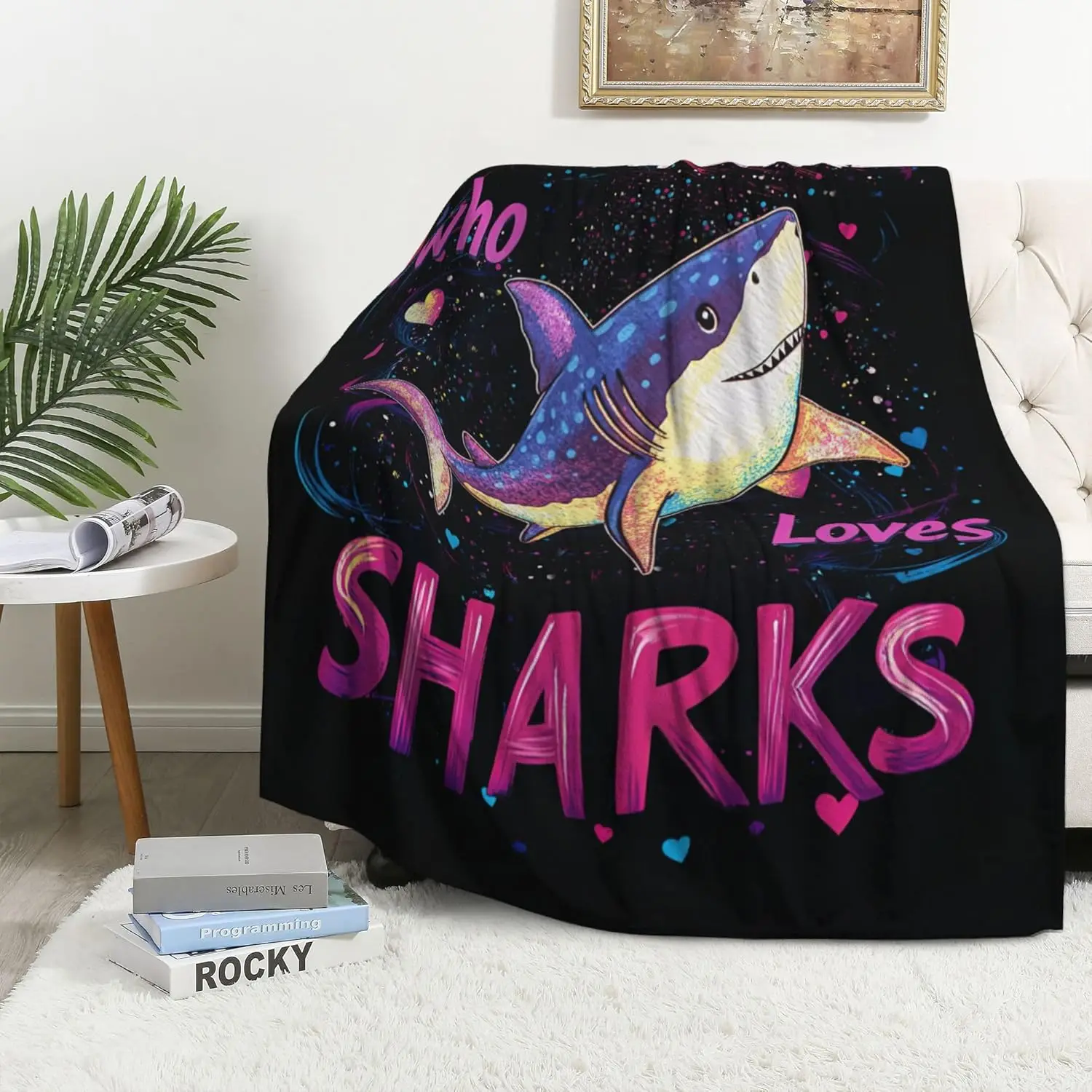 Aesthetic Sharks Girl Love Throw Blanket, Coastal Ocean Home Decor, Cute Print Nursery Gift Bed Throw Blanket for Bedroom Room D