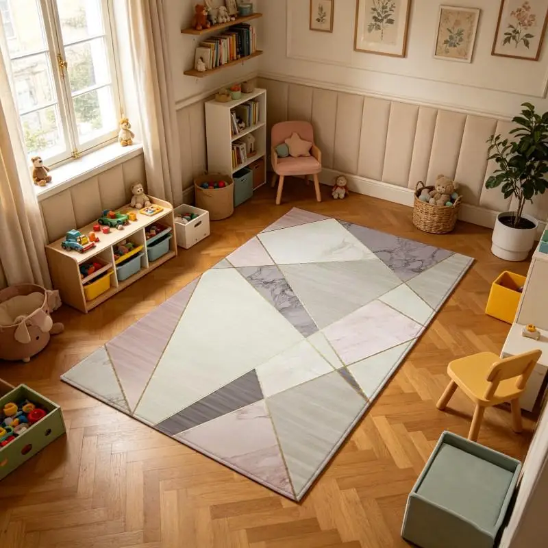 Pink Gold Geometric Marble Mosaic Carpet Flooring, Modern Abstract Triangle Area Rug for Living Room