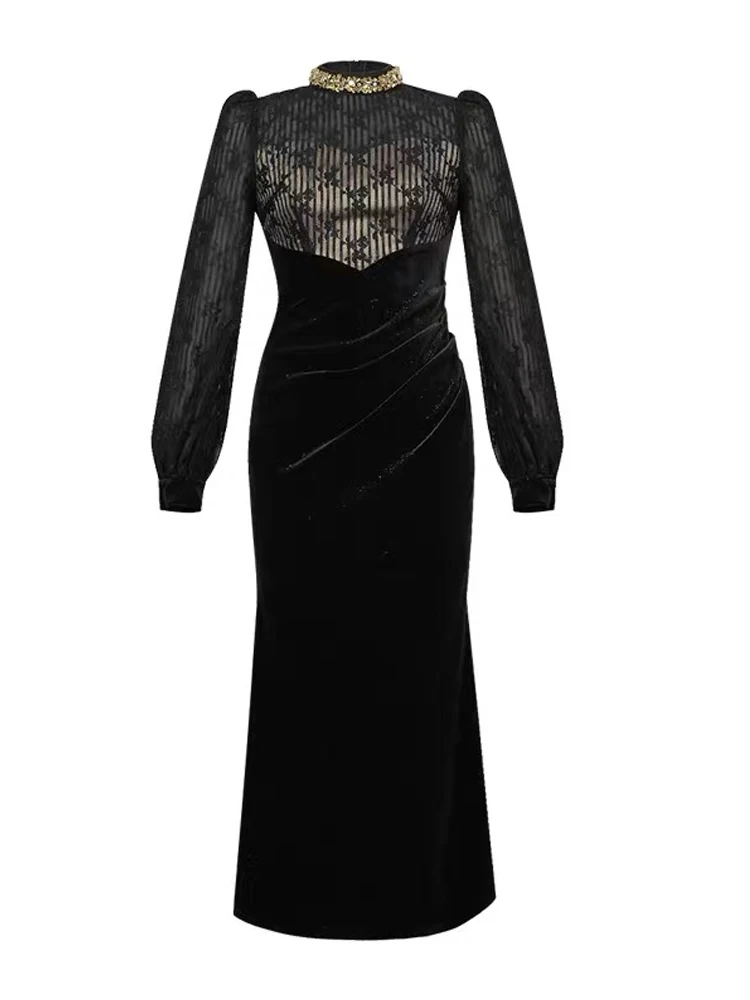 ملابس حريمي مكونة من قطعتين من الدانتيل المخملي الشفاف بأكمام منتفخة فستان حورية البحر النحيف أنيق للحفلات المسائية رداء فيستدو أنيق للربيع