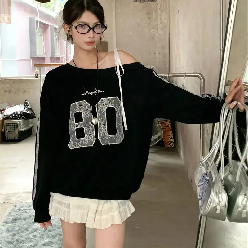 2024 Autumn American Retro Loose Slimming Skew Neck Heavy Embroidery Lace Jersey Sweatshirt Women