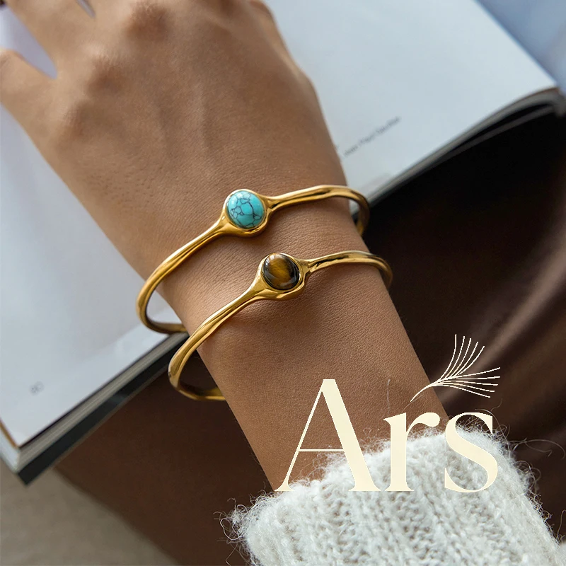 Ars Stainless Steel Cuff Bracelet for Women Tiger's Eye Stone Bangle Gold Plated Bangles Minimalist No Tarnish Everyday Bangles