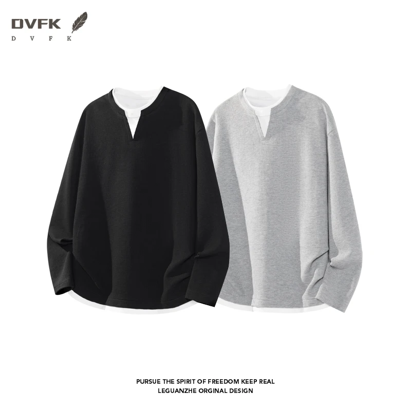 Men Fake Two Piece Long Sleeve Shirt Notch V Neck Waffle Knit Loose Fit Casual Daily Basic Top view 3