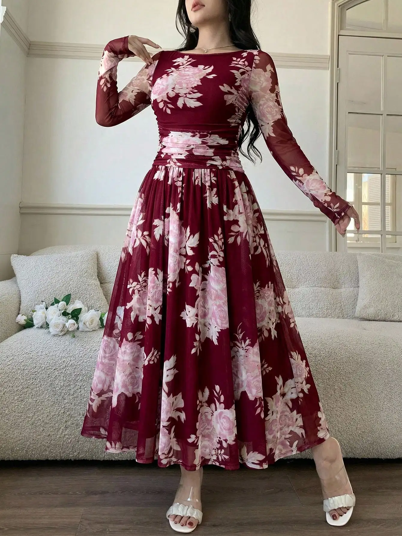 

Women Floral Print Fitted Long Sleeve Maxi Dress