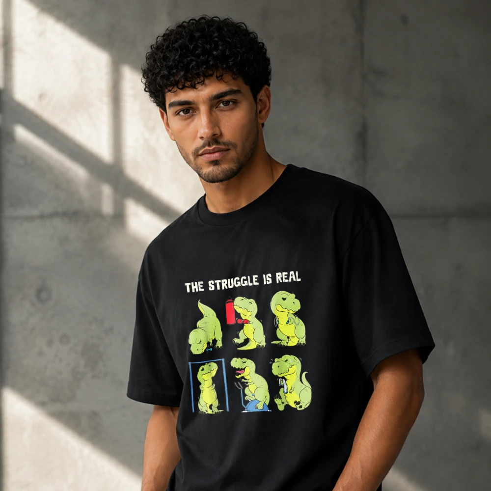 The Struggle Is Real Funny T‑Rex Dinosaur Cartoon Graphic Men Modal T‑Shirt Print O‑Neck Soft Lightweight Summer Casual Tops Tee