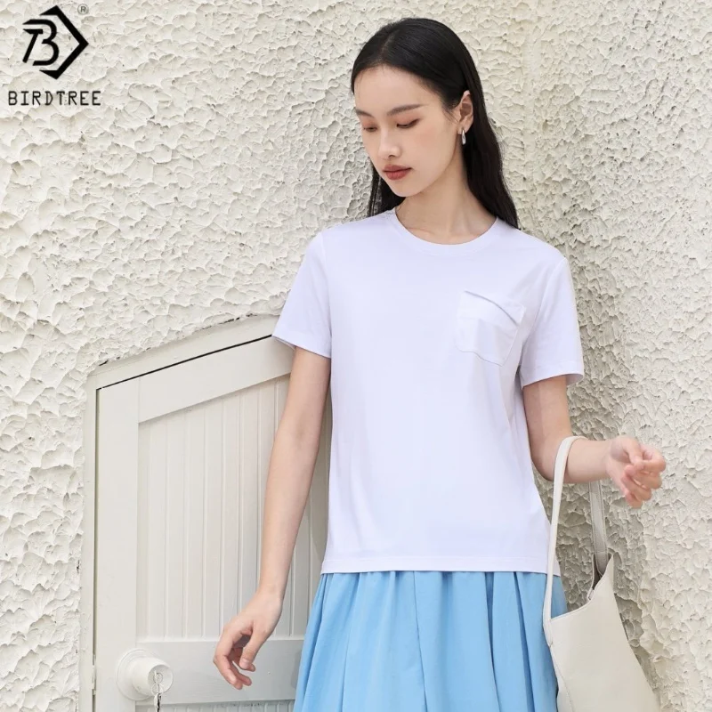 

Birdtree 10% Mulberry Silk 58% Cotton Solid Tshirt,Woman O-neck Short Sleeve Pocket Fit Shirt,2025 Spring Summer New T57628JF