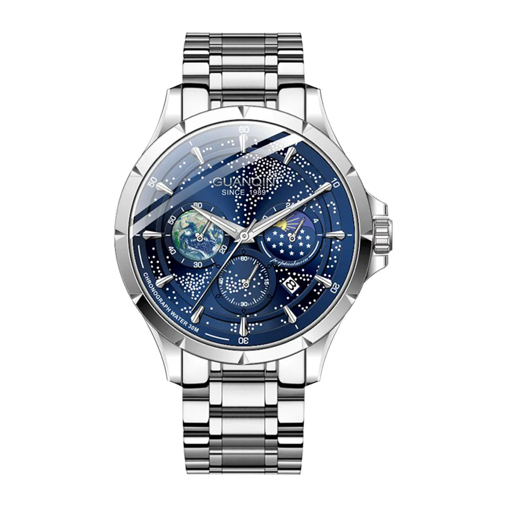 

GUANQIN Steel or Leather Band Luxury Quartz Wrist Watch Men Moon Phase Waterproof Sapphire Clock Rhinestone Luminous Chronograph