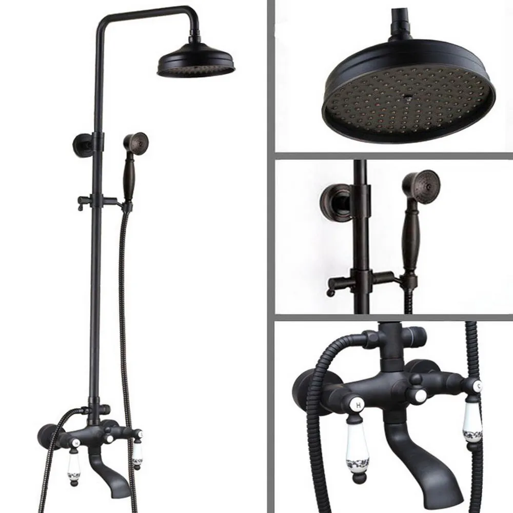 

Bathroom Black Oil Rubbed Bronze Wall Mounted Rain Shower Faucet Set Dual Ceramic Handles Bath Tub Mixer Tap Whg121