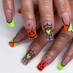 24pcs Halloween-Themed Matte Press-On Nails - Long Square Shaped Mixed Color Nails with Spider Web, Heart, and Pumpkin Designs