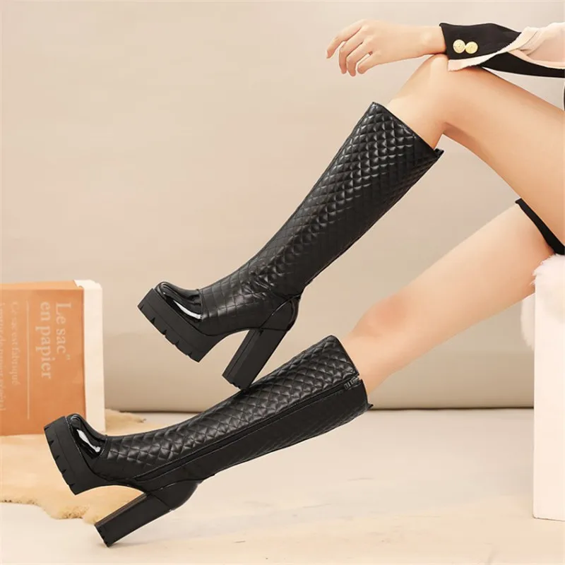 

Autumn Winter Women Thick Bottom Long Boots for Woman's Round Toe Crude Heel Zipper-Sid Knee High Botas Mujer Platform Shoes