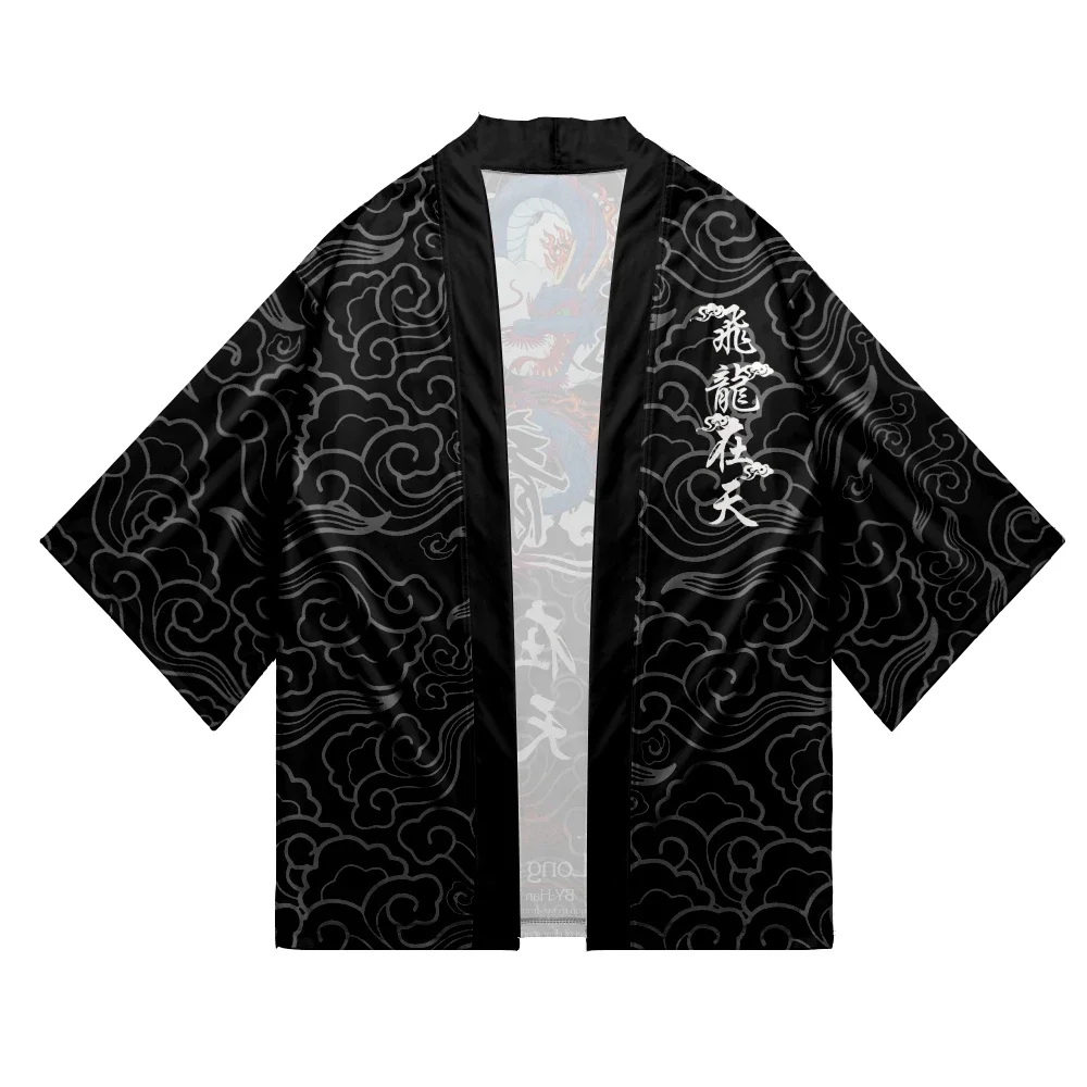 Harajuku موضة أنيمي التنين طباعة ثوب الكيمونو الياباني التقليدي الشارع الشهير سترة سوداء رداء النساء الرجال Haori توب يوكاتا