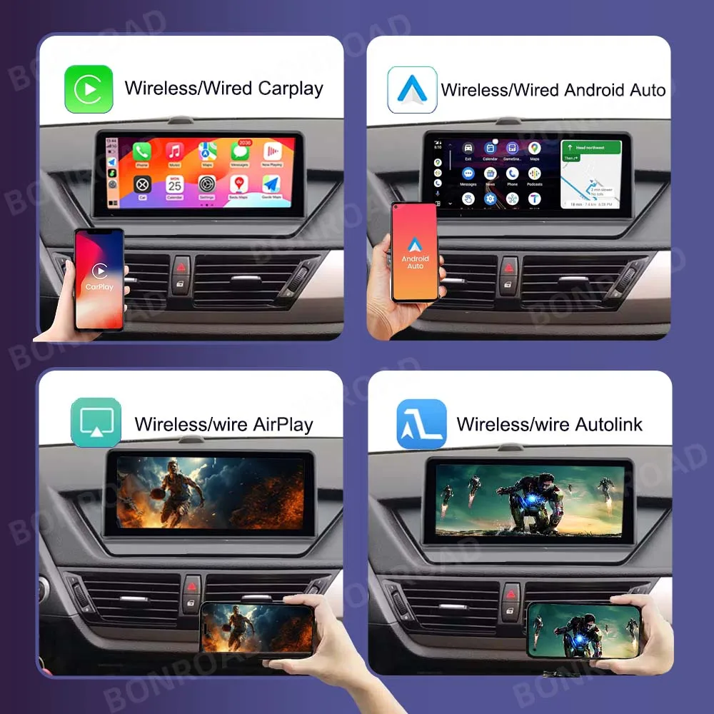 BONROAD Pantalla inalámbrica para coche de 10,25 pulgadas con CarPlay, Android Auto, Linux, para BMW X1 E84 2009-2015, pantalla táctil IDrive con MirrorLink, BT, GPS, función Youtube, compatible con cámara, reproductor multimedia 5