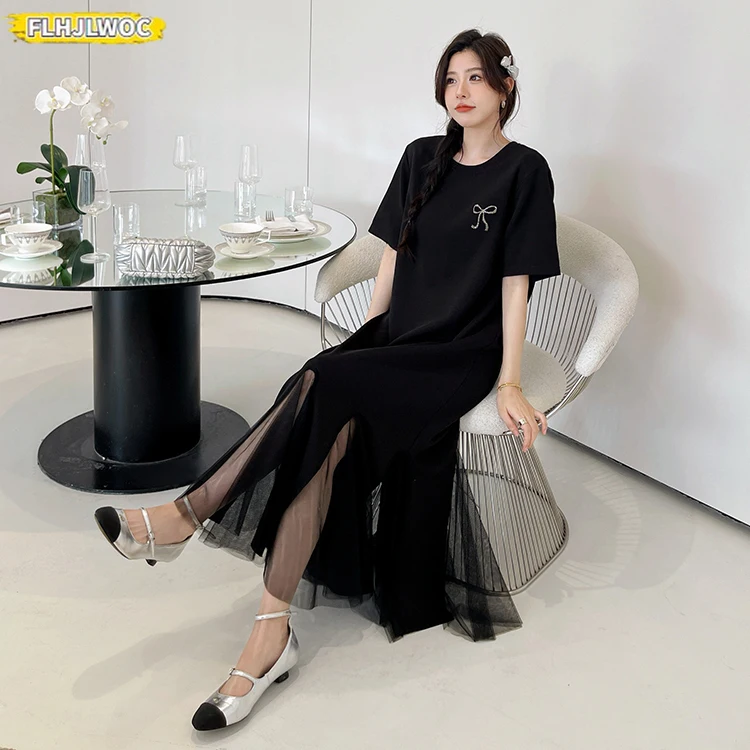 Mermaid Dresses Feminine Vestidos European Style Women 2025 Summer Patchwork Lace Mesh Ruffles Black Cotton Blend T-Shirt Dress