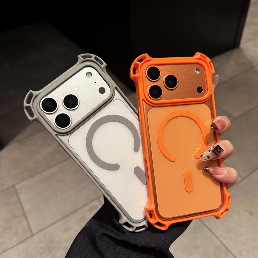 Transparent Magnetic Phone Case with Drone-Style Shockproof Corners, MagSafe Compatible Acrylic Protective Cover for iPhone 12/13/14/15/16/17 Pro Max/Air/Plus