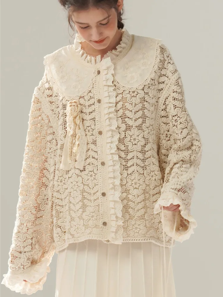 

120cm Bust Spring Fall Oversized Shirts Blouses Women Mori Girls Elegant Loose Embroidery Hollow Out 100%Cotton Lace Coat Tops