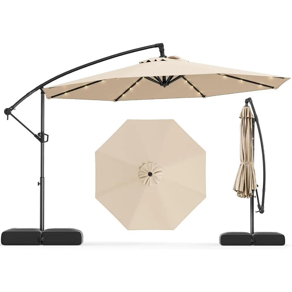 

10ft Solar LED Patio Umbrella with Base, Offset Cantilever Outdoor Umbrella with 32 LED Lights, Infinite Tilt, 360 Degree Rotat