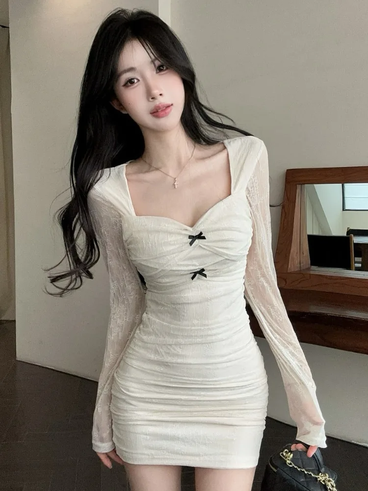 

Pure Desire Style Women's Lace Long Sleeve Bodycon Dress Spring Autumn New Tightened Pleated Knot Slimming Short Skirt