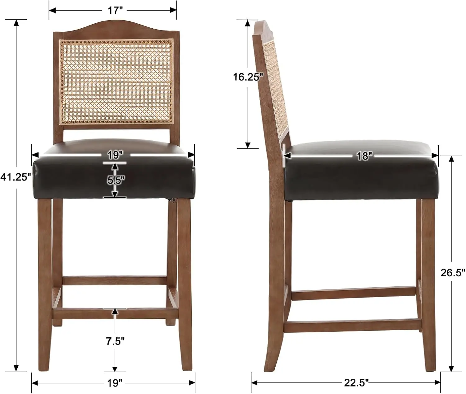 Counter Height Bar Stools Set of 2 Farmhouse Rattan Back Leather Upholstered Kitchen Island Chairs