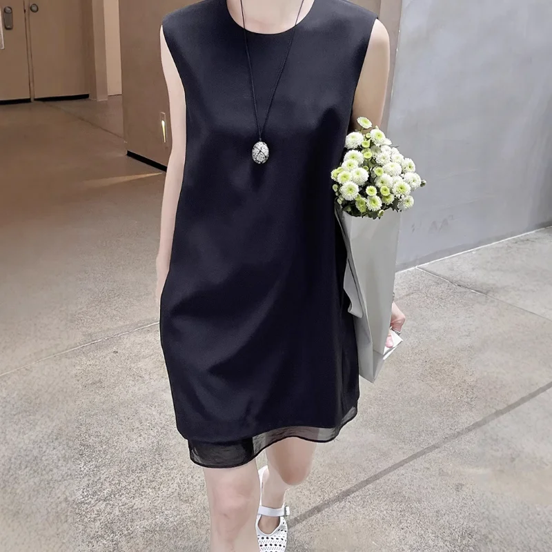 

French Simple Fashion Commuter Sleeveless Vest Dress Women Round Neck Patchwork Black Yellow Loose Wedding Lady Short Dress