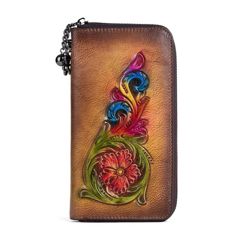 MOTAORA Top Grain Cowhide Leather Wallet Women Hand-Painted Embossing Luxury Clutch Purse Retro ID Card Holder Vintage