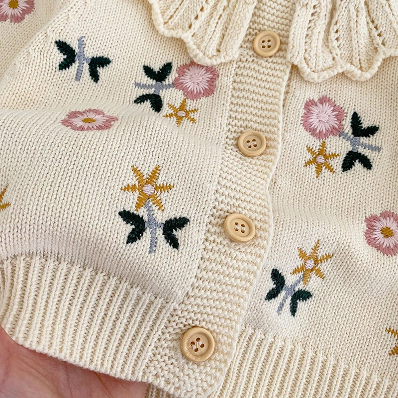 Newborn Baby Girls Knitting Cardigan Flower Embroidery Long Sleeve Cardigan Coat Spring Autumn Toddler Baby Girls Sweater Coat