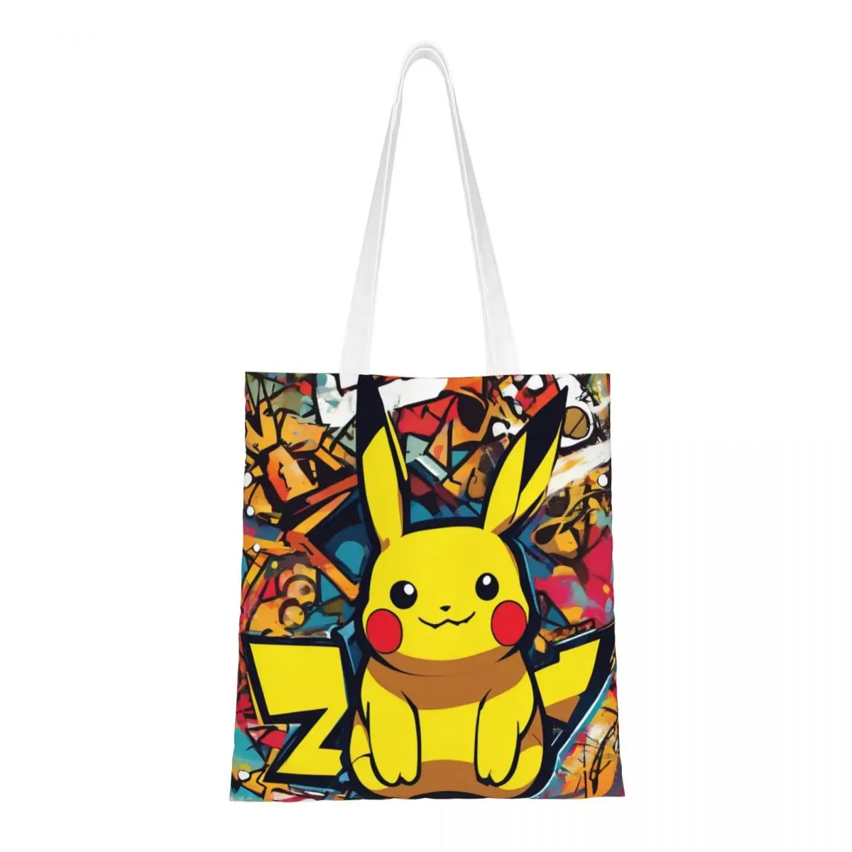 Custom Cartoon Animation Pokemon Pikachu Groceries Shopping Bag Funny Print Canvas Shopper Tote Shoulder Bag Durable Handbag