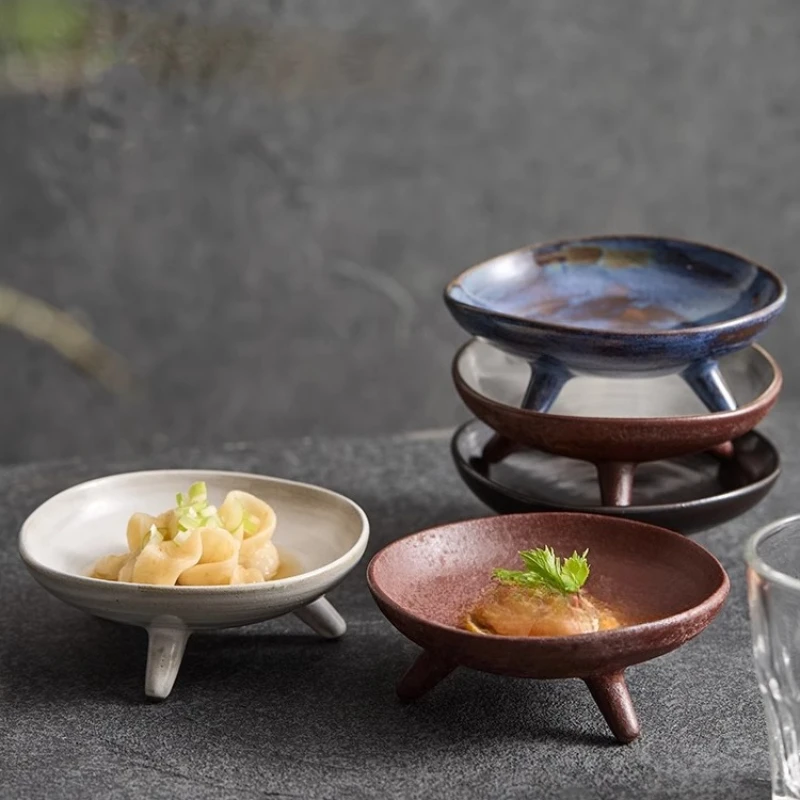 

Handmade Ceramic Plate Coarse Pottery Three-legged Plate Refreshment Plate Household Fruit Snack Side Dish Bowl Jewelry Dish