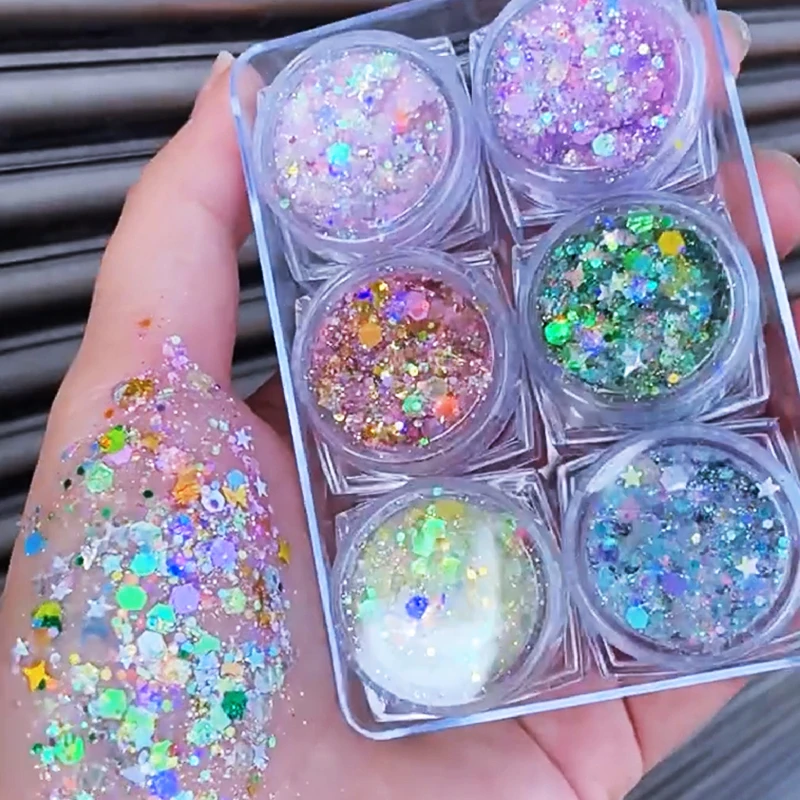 6 ポット/セットクリスマス子供ネイル/フェイスグリッタースパンコールスパークジェルクリームアイシャドウグリッタースター/ムーン/ハートフェスティバルメイクアップスパンコール