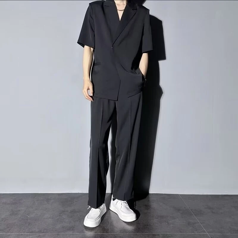 Men Summer 2PCS Business Casual Suit Comfort Ice Silk Simple Short Sleeve Blazer Coat + Long Pants Formal Daily Two Piece Outfit