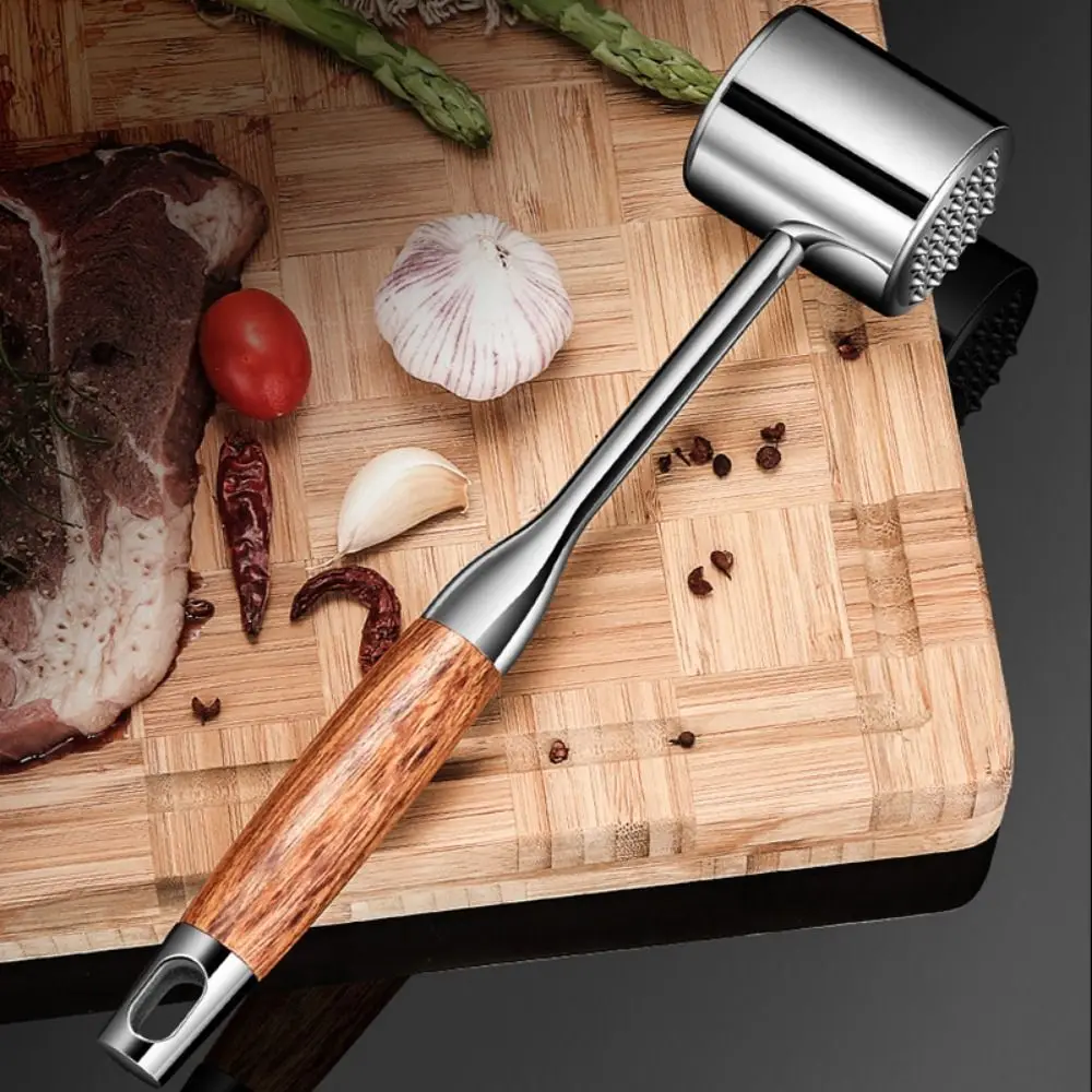 Stainless Steel Meat Mallet Hammer Double-side Wooden Handle Kitchen Beef Hitting Tool non-slip Multipurpose