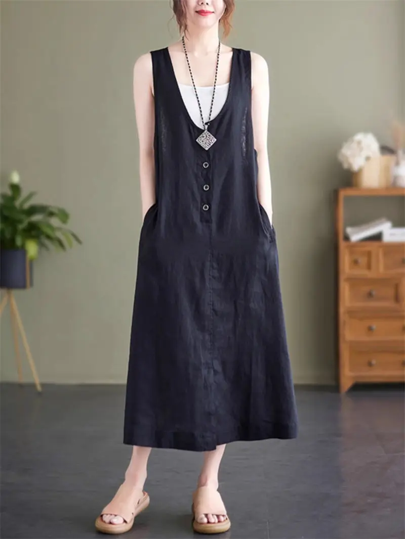 Cotton Linen Sleeveless Tank Dress For Women Summer Art Large Size Casual Loose Slim Medium Length Solid Color Vest Dress Z2736