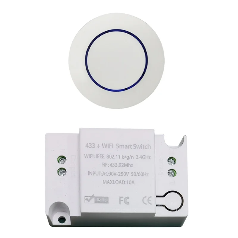 AM-Tuya 433Mhz RF Remote Control Switch 10A Relay Receiver Mini Round Button Wall Panel Switch For Led Light Lamp Fan