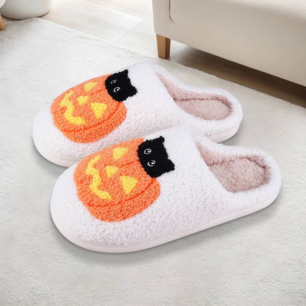 Comfortable Furry Slippers Thick-Soled Fluffy Home Slippers Pumpkin Cat Pattern Warm Slip-On House Shoes Gift for Friends