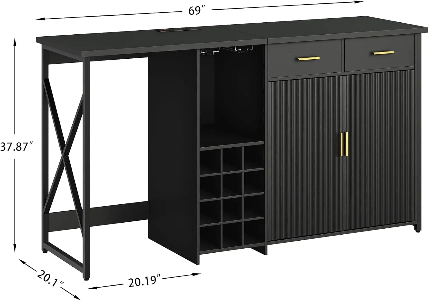 Lemari Kulkas Mini dengan Penyimpanan, Bar Kopi dengan Ruang Kulkas, Rak Anggur & Laci, Rak Hitam Multifungsi