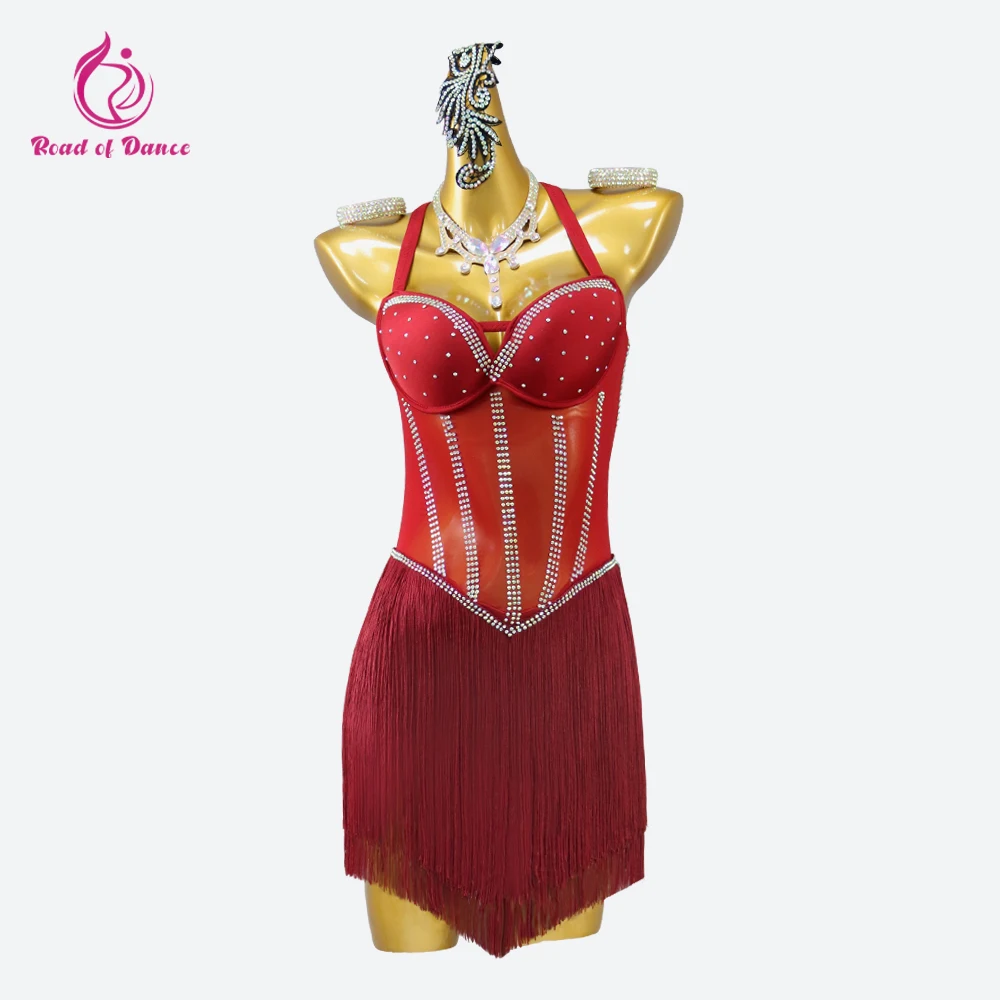 

Elegant Woman Red Dress Latin Dance Girls Stage Fringe Costume New Practice Wear Line Clothes Prom Kids Parties Sexy Rhinestones