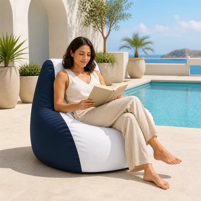 Teardrop-shaped beanbag recliner, navy white two-tone, modern style