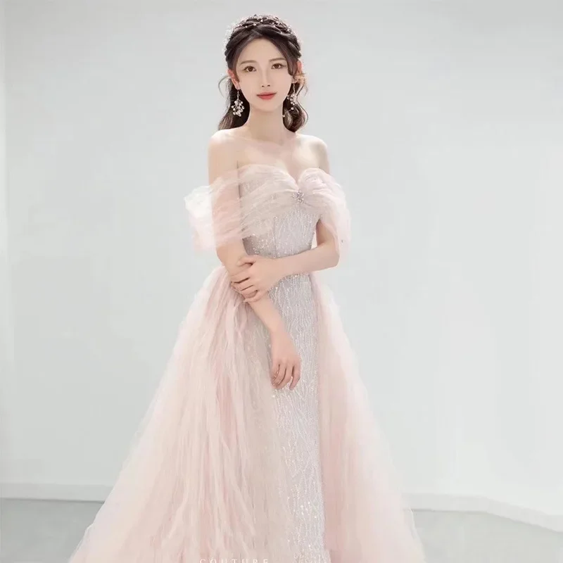 Sexy Pink Long Mermaid Tulle Evening Dress 2022 Elegant Off Shoulder Exquisite Sequins Formal Party Gown Vestido