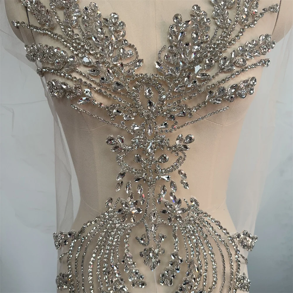 Handmade rhinestones  bodice applique sewing beads stones patches  for dress