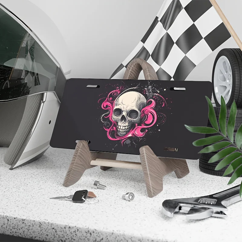 Skull with Pink Swirls Front License Plate Covers & Frames, Aluminum License Plate Covers & Frames, Funny Standard Plates Novelt