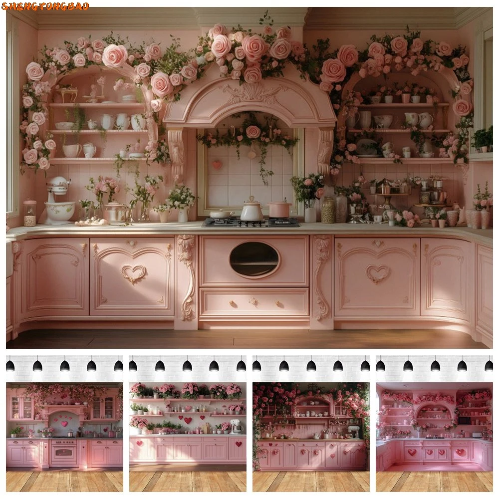 Valentine's Day Kitchen Scene Backdrop Pink Cabinet Kitchenware Couple Portrait Home Party Wall Decor Photography Background