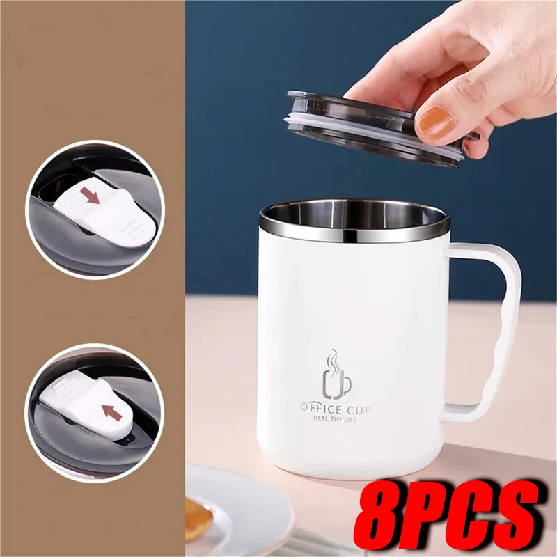 8PCS 304 Stainless Steel Insulated Coffee Cup Mug With Lid Double Wall Coffee Tumbler With Handle Heat-resistant Drinkware