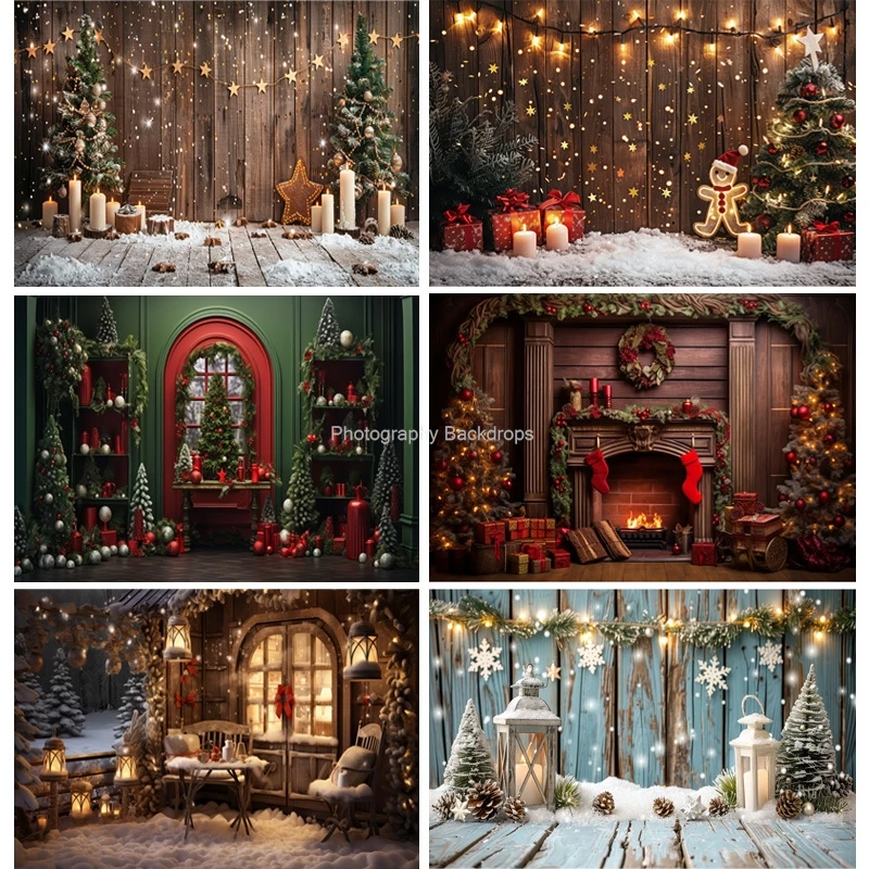 

Christmas Tree With Gift Boxes Photography Backdrops Winter Snow Decorations Wooden Door Fireplace Room Background Props WR-11