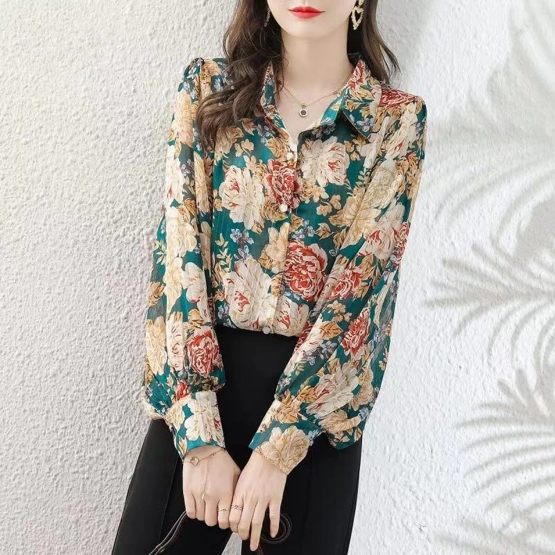 Women Floral Print Vintage Chic Button Up Shirt Korean Fashion Streetwear Loose Blouse Casual Lantern Long Sleeve All Match Tops