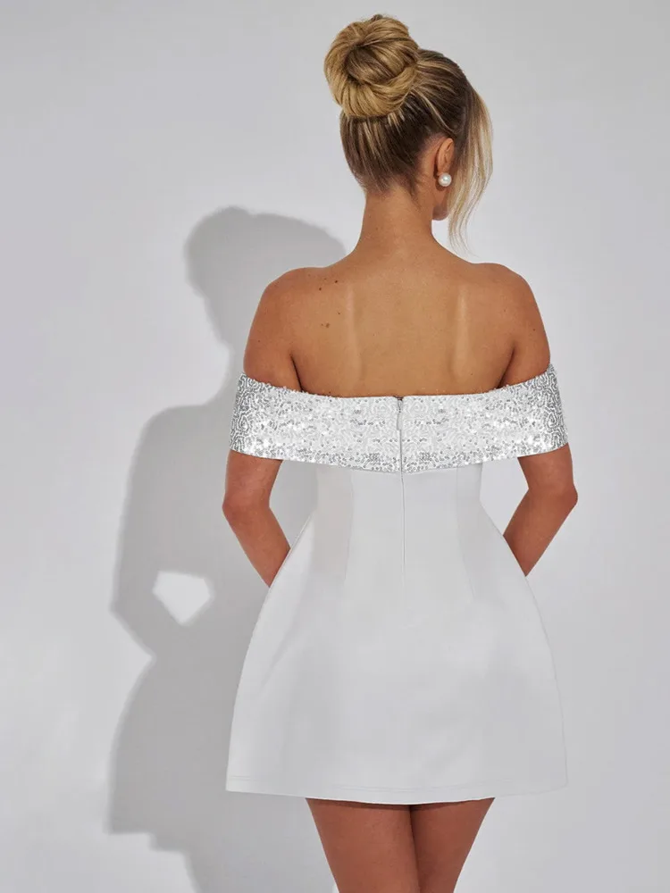 Mozision Off-shoulder Pailletten Strapless Sexy Mini Jurk Damesmode Mouwloze Backless Sparkle Hoge Taille Club Sexy Jurk