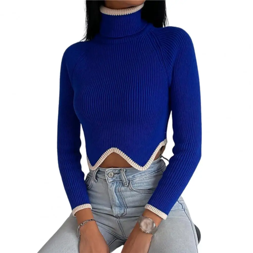 Women Sweater Long Sleeves Wave Hem Ribbed Cropped Sweater Winter Turtleneck Pullover кофта женская