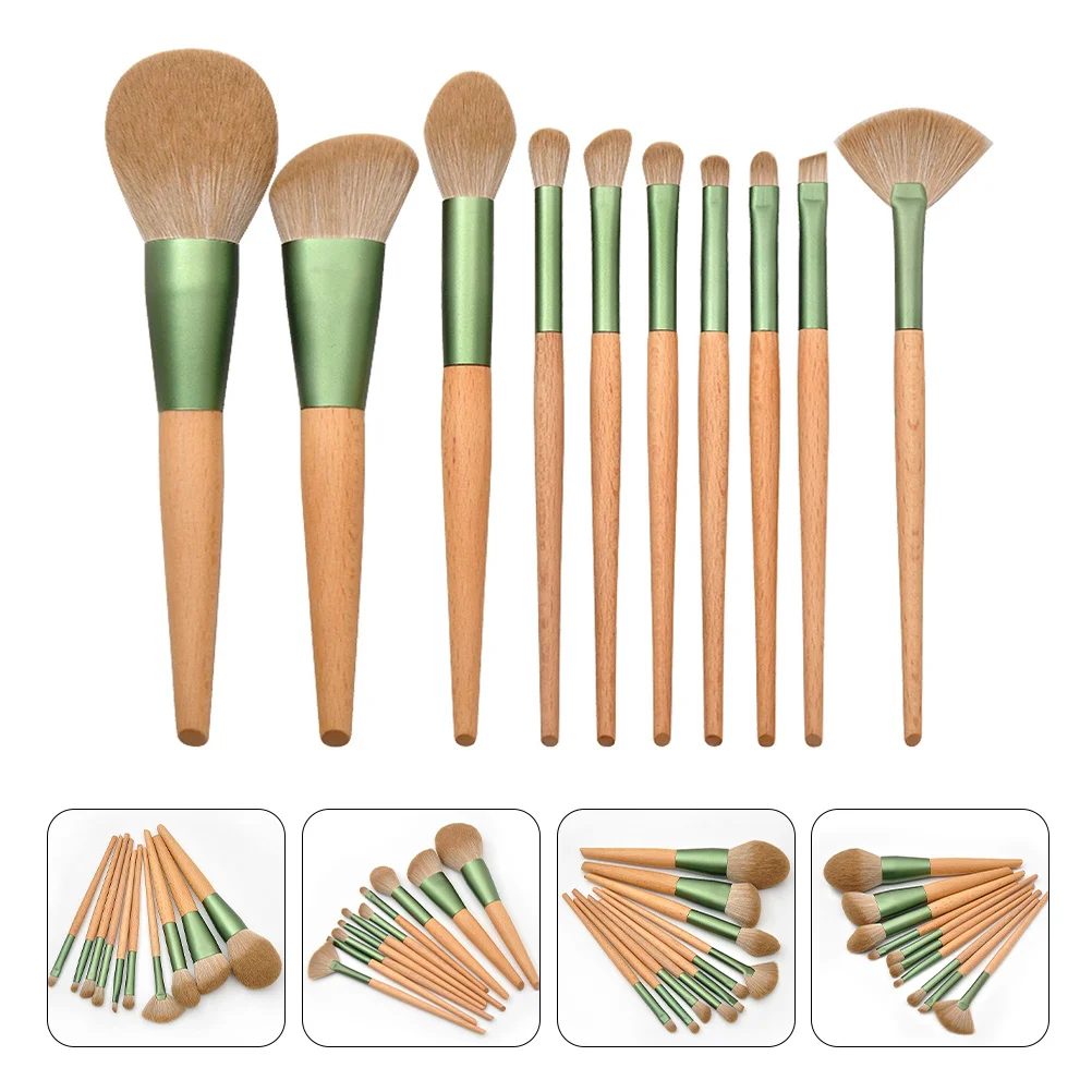 10Pcs 메이크업 브러쉬 세트 파운데이션 블러쉬 파우더 아이섀도 페이스 메이크업 도구 키트를위한 나무 손잡이가있는 부드럽고 편안한 강모