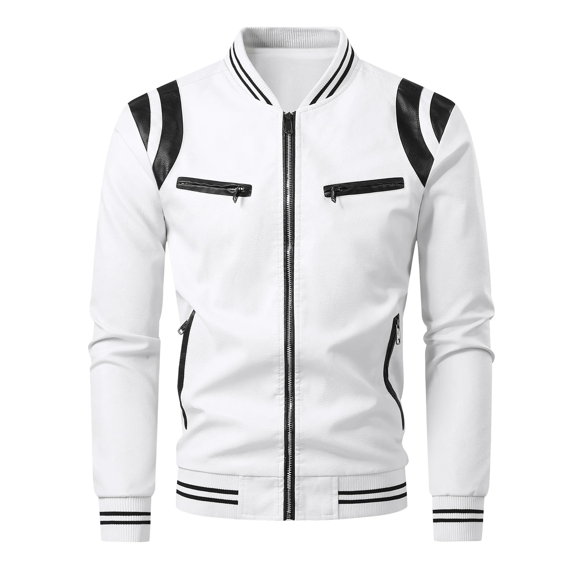 

2025 men's color matching pu leather, new stand-up collar locomotive, versatile casual leather jacket