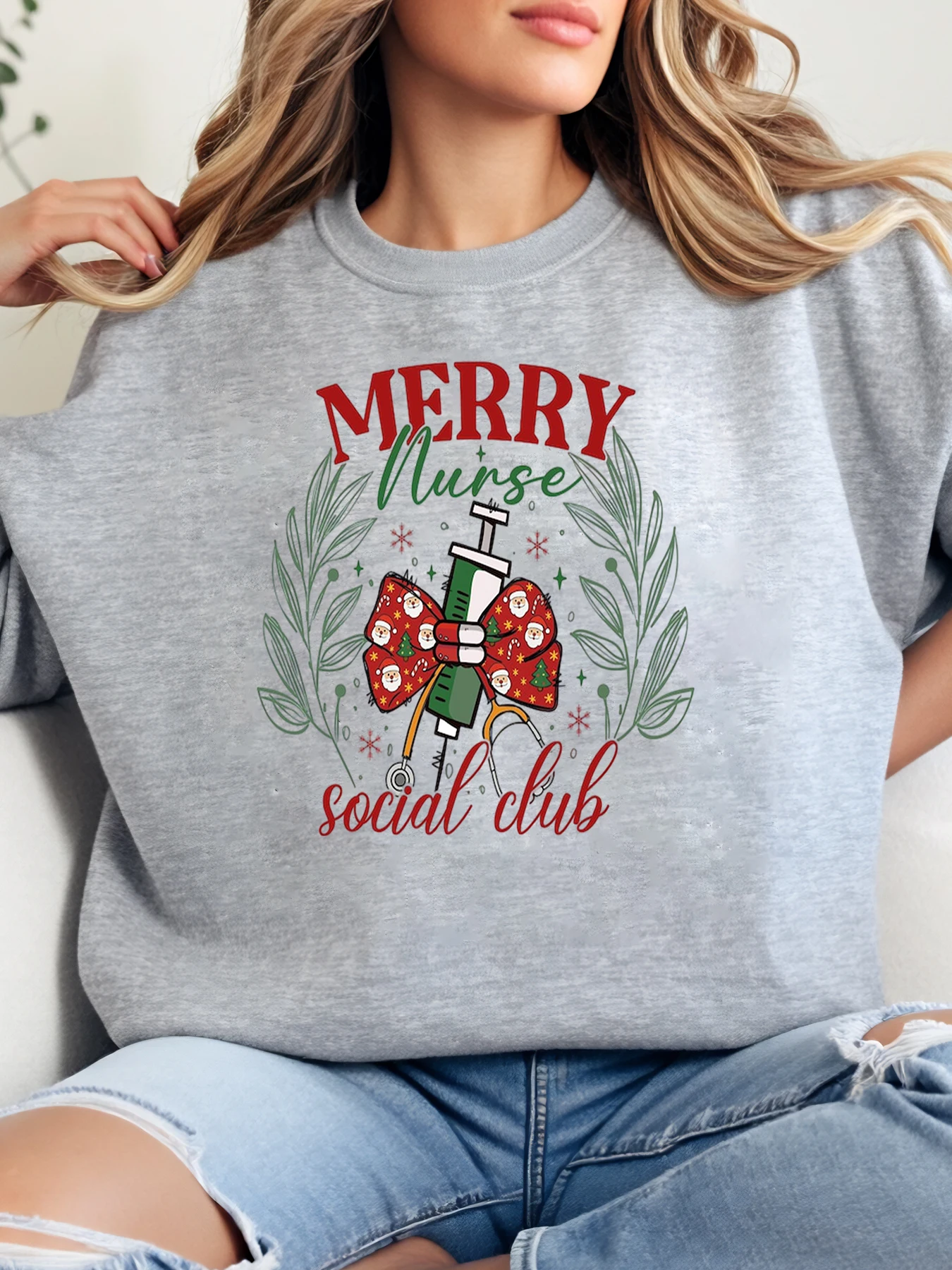 

Толстовка с рождественским принтом Merry Nurse Social Club, женская праздничная повседневная одежда, серая, больших размеров
