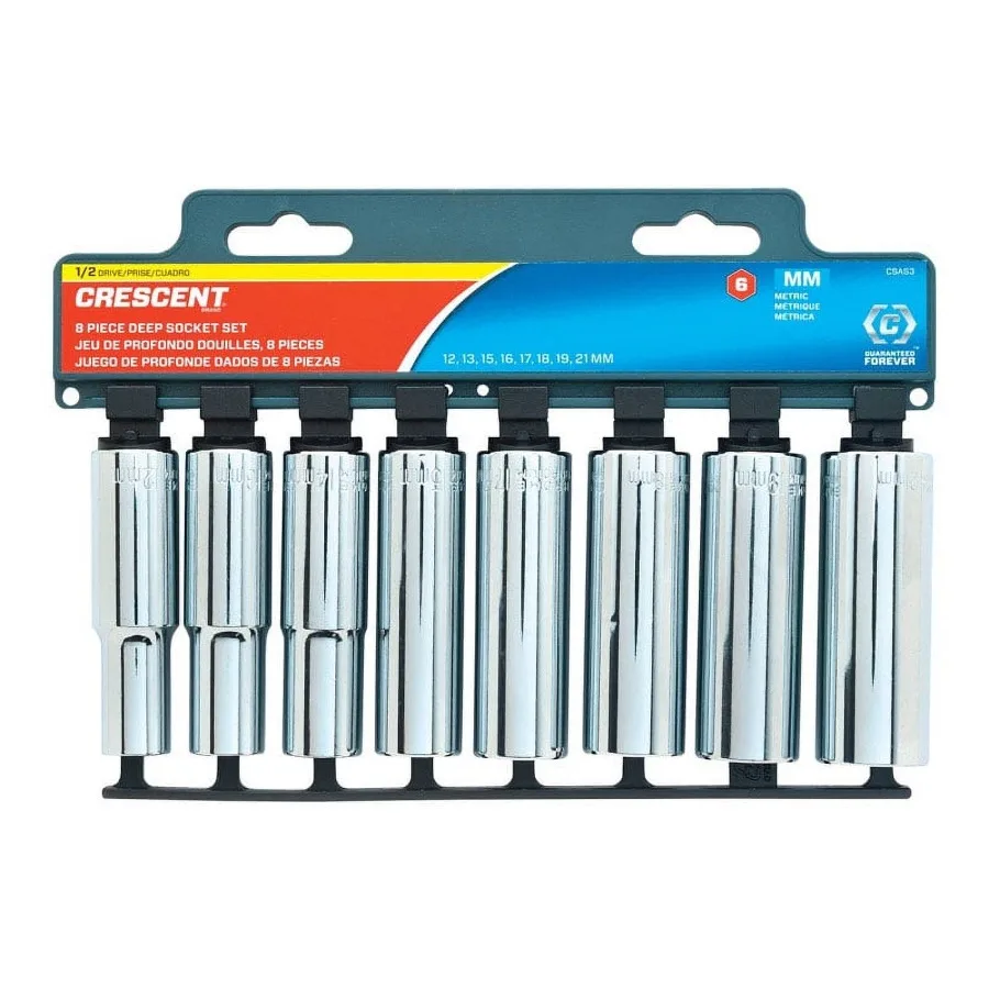 

8-Piece Assorted Sizes 1/2 in Drive Metric 6-Point Deep Well Socket Set for Automotive Repair and Mechanical Maintenance Black