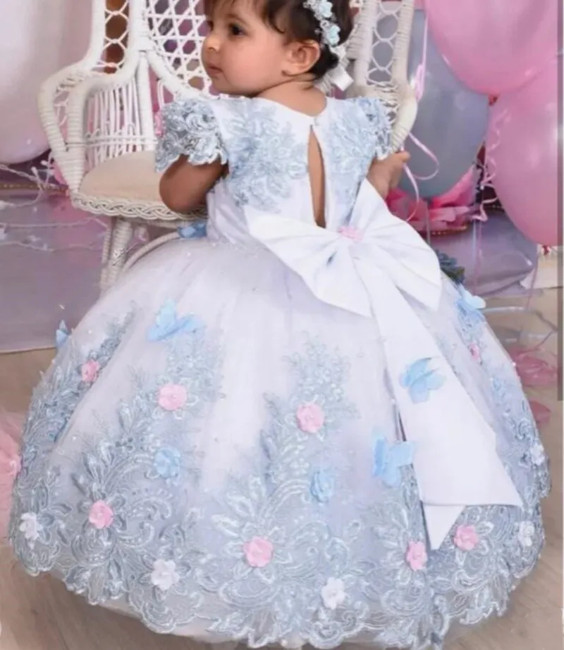 Bonito vestido rosa de fiesta de cumpleaños para niña con lazo grande, apliques de tul escalonados, vestido de princesa con flores para niña, vestido de desfile